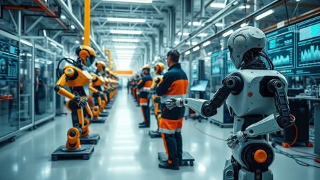 Teknologi AI manufaktur dalam revolusi industri 4.0 menampilkan robot dan sistem otomasi di lantai pabrik modern